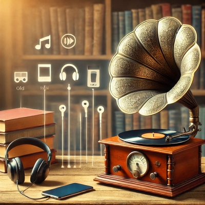 L'image représente un gramophone vintage jouant un livre audio, avec des écouteurs et un smartphone à proximité. Cela symbolise l'évolution des livres audio, des anciens dispositifs d'écoute aux technologies numériques actuelles. L'arrière-plan montre une bibliothèque, créant une atmosphère chaleureuse et accueillante.