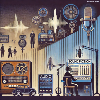 L'image illustre l'évolution des fictions sonores, aussi connues sous le nom de drames audio, depuis leurs débuts au début du 20e siècle jusqu'à l'époque contemporaine. Sur la gauche de l'image, on voit une radio vintage des années 1920, représentant les débuts du théâtre radiophonique. Cette partie de l'image est entourée d'éléments visuels qui évoquent l'ancienne technologie, tels que des microphones d'époque et des acteurs de radio en studio. Au centre de l'image, des vagues sonores stylisées traversent l'espace, symbolisant la continuité et l'évolution des technologies de production sonore au fil des décennies. Ces vagues de son se déplacent vers la droite, où elles se fondent dans une représentation moderne de la production sonore, incluant un casque audio de haute qualité, un microphone de studio moderne, et des équipements sophistiqués de traitement du son. À l'arrière-plan, il y a des images subtiles d'ingénieurs du son et d'acteurs en pleine session d'enregistrement, ajoutant une couche de réalisme et de dynamisme à l'ensemble. Le design global de l'image évoque un sentiment de progression technologique et de créativité dans le domaine de la narration audio.