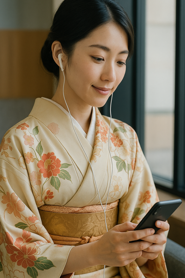 Une femme d’origine asiatique est assise près d’une fenêtre lumineuse, plongée dans un moment de calme et d’attention. Elle porte un kimono traditionnel de couleur crème orné de motifs floraux délicats dans des tons chauds, comme l’orange, le rouge et le vert. Le tissu est finement brodé et laisse apparaître un obi doré parfaitement ajusté autour de sa taille. Sa coiffure est sobre et élégante, les cheveux soigneusement attachés vers l’arrière, révélant la douceur de ses traits et une expression sereine sur son visage. Elle écoute quelque chose à l’aide d’écouteurs blancs reliés à un smartphone qu’elle tient dans ses mains. Son regard est légèrement baissé vers l’écran, et un léger sourire se dessine sur ses lèvres, suggérant qu’elle est absorbée par ce qu’elle entend — peut-être un podcast AB-Story. La lumière naturelle qui filtre par la fenêtre baigne la scène d’une atmosphère douce et paisible, accentuant l’intimité du moment. L’image dégage une impression de simplicité raffinée, où la tradition vestimentaire rencontre la technologie contemporaine. C’est un instant suspendu dans le temps, où la femme semble pleinement présente à elle-même, dans un espace personnel et feutré, illustrant une forme moderne et intime d’écoute intérieure.